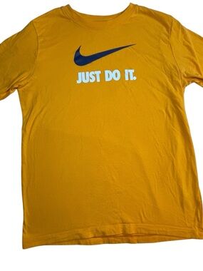 Nike orange Tee with Navy Swoosh and White Text boys xl